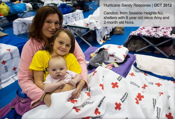 Candice, from Seaside Heights, NJ, shelters with 8-year-old niece Amy and 2-month old Nora.